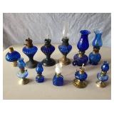 Miniature and Small Blue Glass Oil Lamps