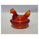 Amberina Glass Hen on Nest