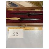 Walnut Display w/2 Dbl Edge Knives w/Metal Handle