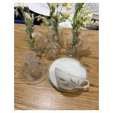 4 Sm Bottles w/Greenery, Candlestick, Cup & Saucer