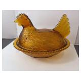 Amber Indiana Glass Hen on Nest