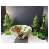 Floral Bowl and Green Glass Containers