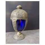 VINTAGE RARE ART NOUVEAU CHALICE COBALT BLUE GLASS PEDESTAL EGG SILVER PATINA 9'
