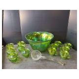 Indiana Glass Company iridescent green carnival glass set