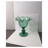 Vintage Fenton Green Glass Ribbon Edge Pedestal Bowl Candy Dish Compote 6”