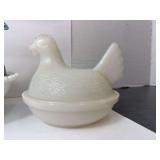 Small Milk Glass Hen on Nest with Mis-matched Indiana Glass Hen on Nest