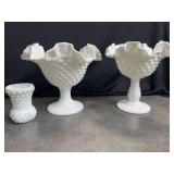 Fenton Milk Glass Ruffled Hobnail Dishes - 2 and  1 Toothpich holder