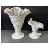 Fenton Tall Hobnail Vase and Other White Glass Horn Vase