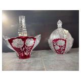 Vintage Anna Hutte Bleikristall Crystal Cranberry Basket & Candy Dish