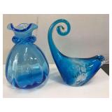 Blue Art Glass vase and Bird