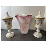 Rose and Bows Diamond Point Urns and Pink Vase