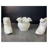 Hobnail Milk Glass Slippers and Ruffled Vase