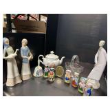 Vintage Germany Teapot and Figurines - Glass Basket and Blue Boy/Pinky Bell