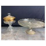 Harp Pattern Cake Plate and Gold Rimmed Compote