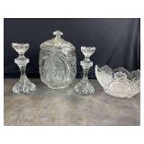 EAPG (Early American Pattern Glass Crackers Jar - Candleholders-2 and Crystal Frosted Bowl
