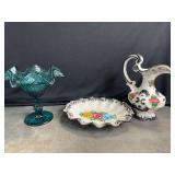 Vestal Alcobaca Pitcher and Saucer - Teal Green Ruffled Vase