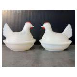 Hens in Nests - 2 White Glass Small