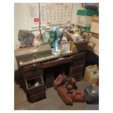 Wooden Desk with Metal Tool Box and Assorted Shop Supplies