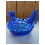 Two Blue Glass Covered Dishes, Chicken and Swan