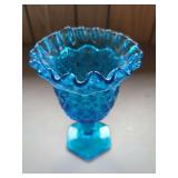 Blue Glass Pedestal Vase with Ruffled Rim