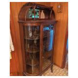 Oak Curio Cabinet with Curved Glass and Mirror Back