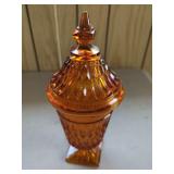 Amber Glass Lidded Compote with Square Base