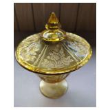 Yellow Floral Pressed Glass Compote with Lid