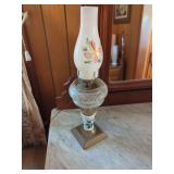 Electric Table Lamp with Floral Painted Glass Chimney and Pressed Glass Font