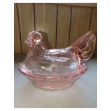 Fenton Pink Glass Chicken on Nest Covered Dish