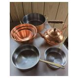 Kitchen Cookware including Copper Teapot and Stainless Steel Pots