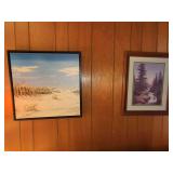Two Framed Prints: Coastal Scene by Rick Mundy and Forest Landscape by W. Dark