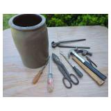 Stoneware Crock and Assorted Hand Tools