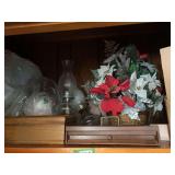 Assorted Decorative Items Including Floral Arrangement and Glass Lamps
