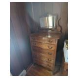 Oak Five-Drawer Chest with Attached Mirror