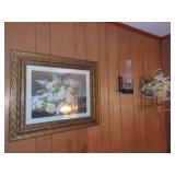 Floral Still Life Print in Ornate Frame with Wall-Mounted Lamp and Decorative Chair Shelf