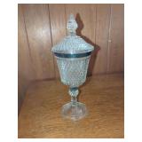 Clear Pressed Glass Covered Compote with Diamond Pattern