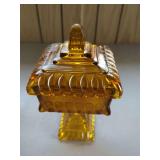 Amber Glass Covered Pedestal Candy Dish