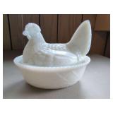 Milk Glass Chicken on Nest Covered Dish