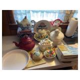 Kitchenware Collection Including Teapots, Serving Dishes, and Steak Knife Set