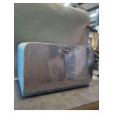 Metal Bread Box with Enamelware Bowl and Contents