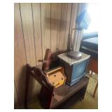 Household Items Including Sewing Box, Mirror, and Television Stand