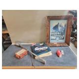 Framed Print, Auto Repair Manual, Light, and Hardware Assortment