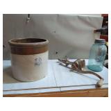 Pressed Steel Crane Toy, Two-Gallon Stoneware Crock, Meat Grinder, and Ball Mason Jar