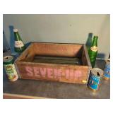 Seven-Up Bottling Co. Wooden Crate with Soda Bottles and Beer Cans