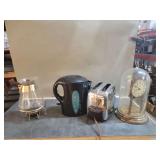 Tabletop Items Including Clock with Glass Dome, Coffee Server, Electric Kettle and Toaster