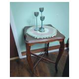Wooden Side Table with Glass Top and Three Metal Candle Holders