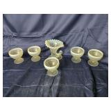 Opalescent Hobnail Glass Cornucopia Vase and Five Footed Dessert Bowls