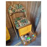 Folding Chair with Floral Upholstery and Plastic Sewing Box with Assorted Notions