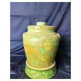 Green Glazed Ceramic Storage Jar with Lid and Decorative Base