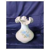 Hand-Painted Satin Glass Vase with Ruffled Rim and Floral Motif